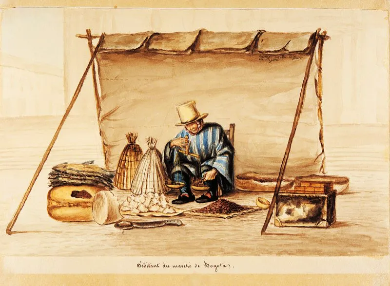 El tabaco de Ambalema era uno de los productos colombianos mejor cotizados en los mercados europeos, sobre todo en el de Londres, que marcaba la pauta. Pero tambin en los mercados callejeros de Bogot haba sitios exclusivos para la preparacin y venta del tabaco de Ambalema, que el marchante pesaba y empacaba en bolsitas, a la vista de los compradores. Vendedor del mercado de Bogot, acuarela de Auguste Le Moyne y Jos Manuel Groot, ca. 1836. Coleccin del Museo Nacional de Colombia. 