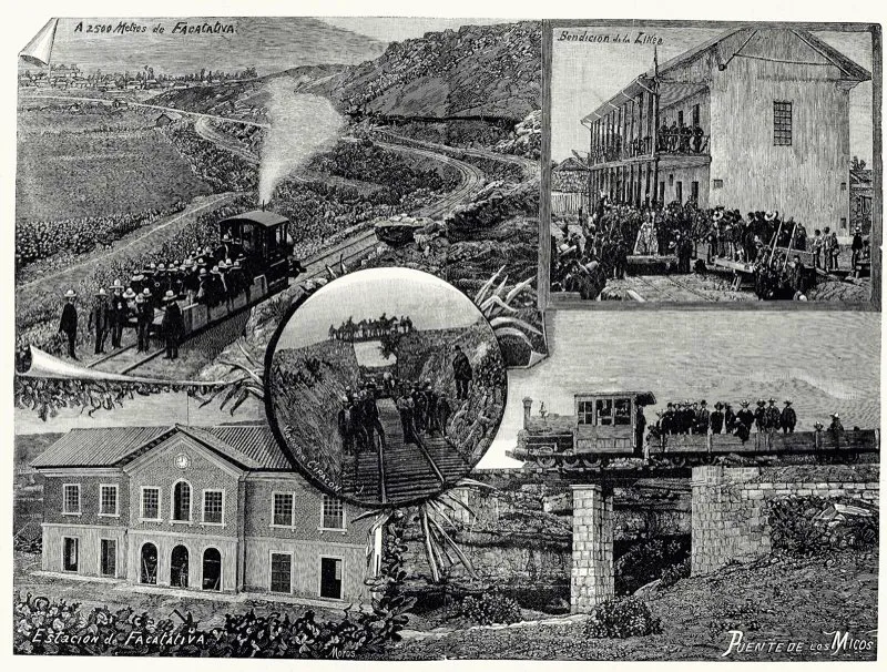 El 9 de enero de 1889, un ao despus de inaugurada la estacin de Serrezuela, lleg a Fontibn el Ferrocarril de la Sabana. La compaa franco-inglesa de carruajes anunci que tan pronto el ferrocarril llegara a Bogot establecera el servicio de coches entre la Estacin de la Sabana y el centro de la ciudad. El 15 de marzo se inaugur la primera lnea del Ferrocarril del Norte, hasta Zipaquir. El 15 de abril el Ferrocarril de la Sabana lleg a Puente Aranda. El 20 de julio de 1889 se inaugur con gran solemnidad la Estacin de la Sabana. Bogot quedaba comunicada por ferrocarril con todos los municipios de la sabana. El 27 de enero de 1890 el Ferrocarril del Norte lleg a Chapinero. En la imagen, a la derecha, estacin de Serrezuela; a la izquierda, recorrido del ferrocarril por la sabana entre Serrezuela y Bogot. En el crculo, terminacin del tendido de la lnea en Puente Aranda. Abajo, llegada del primer tren a la Estacin de la Sabana y edificio de la estacin.Ferrocarril de la Sabana, grabado de Ricardo Moros Urbina, en Colombia ilustrada.  