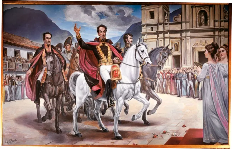 Las fuerzas patriotas, comandadas por Simn Bolvar, derrotaron a las realistas en la decisiva Batalla del Puente de Boyac, el 7 de agosto de 1819. Tres das despus, el 10 de agosto, el Libertador, acompaado de los generales Santander y Anzotegui, y de un corto nmero de oficiales y soldados, hizo su entrada triunfal en Bogot. leo de Ignacio Castillo Cervantes. 