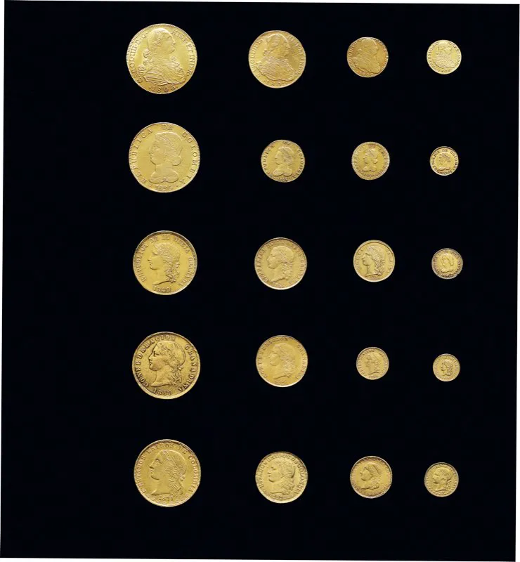 Diversos tipos de monedas neogranadinas de oro. Esta clase de moneda normalmente era acaparada por los comerciantes al por mayor para pagar con ella, dado su alto valor, las importaciones. Coleccin numismtica del Banco de la Repblica. 