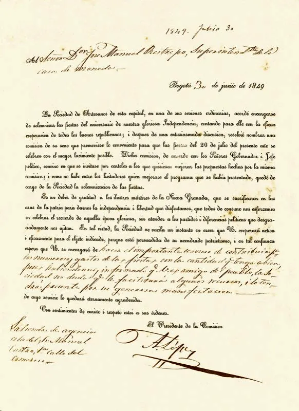 Circular enviada por el dirigente artesanal Ambrosio Lpez a distintas personalidades de la capital, solicitando su colaboracin para las fiestas que se celebraron el 20 de julio  de 1849. 