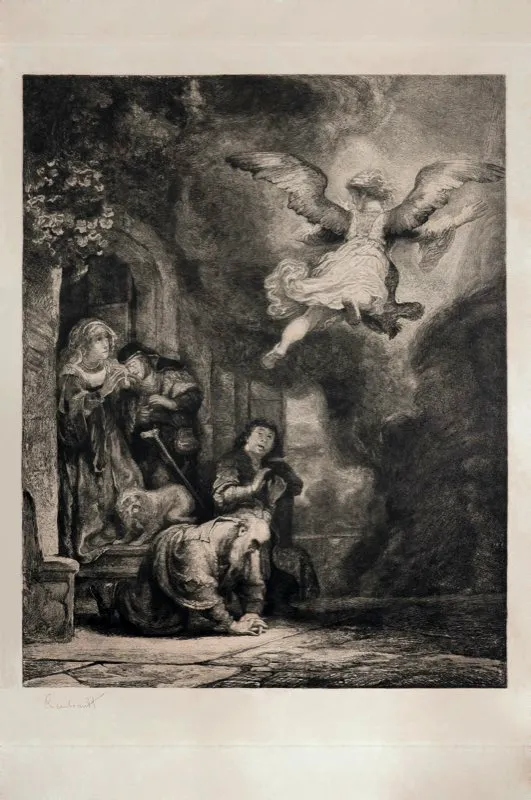 Rembrandt van Rijn (invent) / Chalcographie du Louvre (imprimi) / El ngel deja a Tobas / Siglo xvii / Grabado en metal / 94 x 65,5 cm 