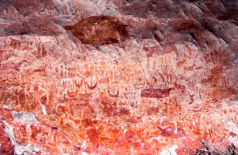 Ubicado en la meseta de los Menhires, este es uno de los murales (Abrigo del Yopo) encontrados con mayor cantidad de representaciones de Canoa Csmica Floreada hasta el momento. En l se pueden observar numerosos tridgitos floridos en diferentes etapas de desarrollo vegetativo, asociadas a numerosas escenas de danza y baile ritual. 