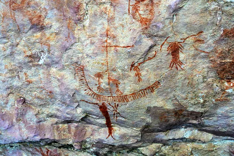 En esta escena de danza y baile ritual se observan tres planos de identidad y resolucin (escala) que resultan sumamente distintivos para el entendimiento de las representaciones de Canoa Csmica Floreada y el papel ritual de la danza. En primer plano, un cazador-guerrero con sus armas desplegadas; en medio, una multitud de hombres de espalda baila con sus propulsores arriba representados filiforme y abstractamente. La escena muestra, en el fondo, los danzantes estelares que son los ms destacados, usando trajes ceremoniales de pies a cabeza y con artefactos de este estilo en sus manos. En la mitad de la escena, el poste emblemtico de Axis Mundi. 