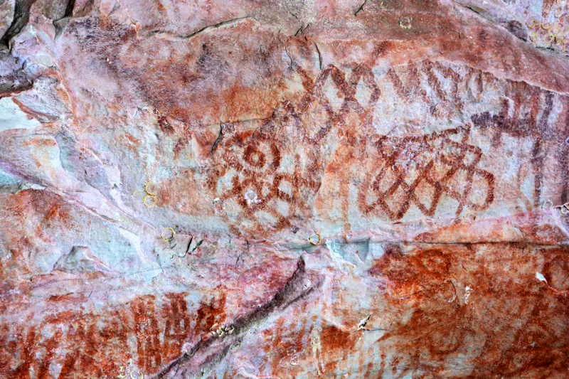 El patrn de lo que denominamos racimos es un elemento propio de la TCC. En la imgen, se observan estas formas en la Fase Guayabero, donde todava son recurrentes algunos animales figurativos acompaando este cono emblemtico. En la Fase Papamenne, los geomtricos van generalmente sin figurativos, en la mayora de los casos.  