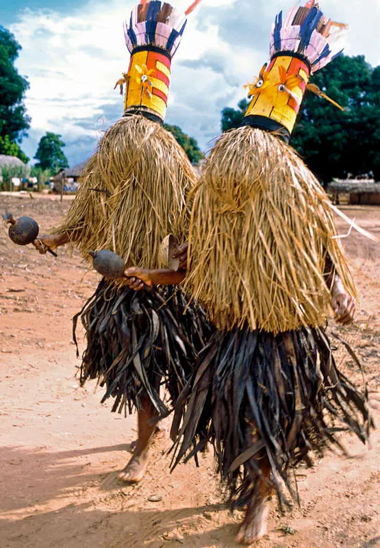 Son muchos los tipos de trajes ceremoniales que se utilizan en la Amazonia y en las regiones perifricas de transicin hacia sabanas y llanuras naturales que se parecen mucho a las indumentarias rituales de Chiribiquete, pero llama mucho la atencin el atuendo usado por los actuales piaroa (o Wotjuja-Sliba) de Colombia y Venezuela, as como los indios caraja de Brasil, que son los que aparecen en esta imagen. 