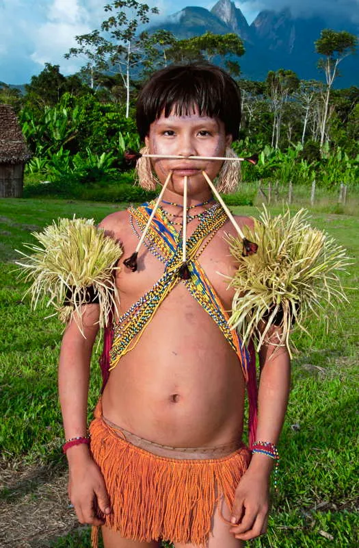 Indgena yanomam con los cordones mltiples cruzados en pecho-espalda (tahal) y adornos faciales que estn relacionados con la metonmica felina, tal como otros grupos amaznicos. 