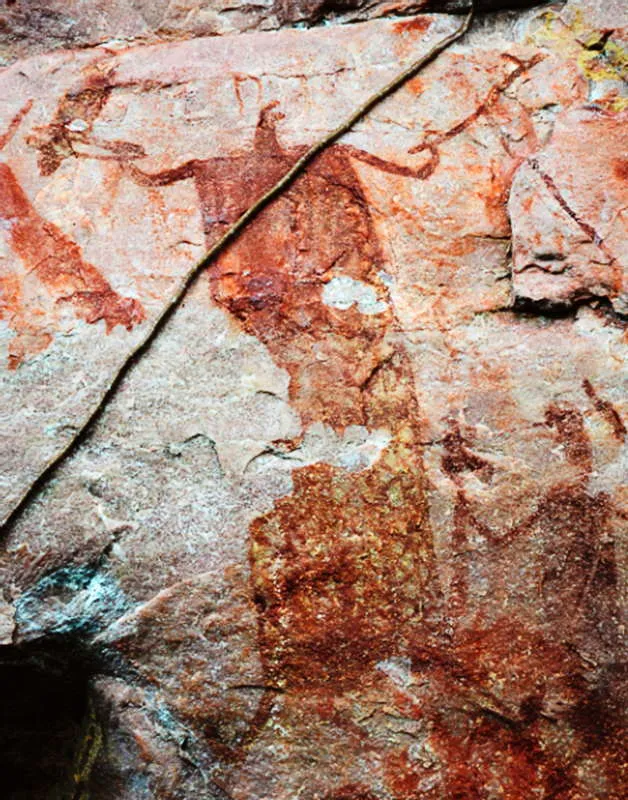 En la iconografa de Chiribiquete, el uso del hacha es muy ocasional. Tal como se observa en esta imagen, se trata de un mango compuesto por dos palos y una piedra grande amarrada en la mitad. Se puede notar que la piedra no es pulida muy rstica, por cierto y est amarrada en la parte superior del mango, sobrepasando la empuadura hacia los dos lados. 