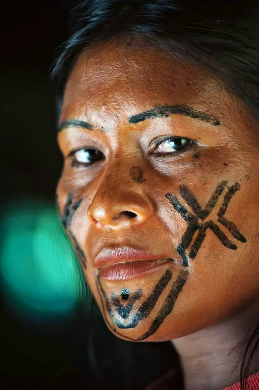 Mujer pintada para una ocasin ceremonial. Los conos de su rostro son sagrados y muy afines a la iconografa de Chiribiquete. Es posible que estos elementos estn emparentados, a pesar del tiempo y el espacio, habiendo trascendido de manera recurrente en el lenguaje simblico de muchos pueblos aborgenes actuales. 