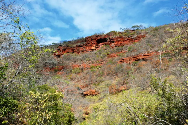 Localizacin de uno de los abrigos rocosos en el Ecoparque Carnaba dos Dantas en la regin de Serid. El entorno del abrigo est en lo alto de un cerro con coberturas propias de catinga, nombre propio del ecosistema para designar coberturas vegetales secas, que realmente hace alusin a un arbusto de poco porte de parajes ridos de Suramrica (Brasil, particularmente). 