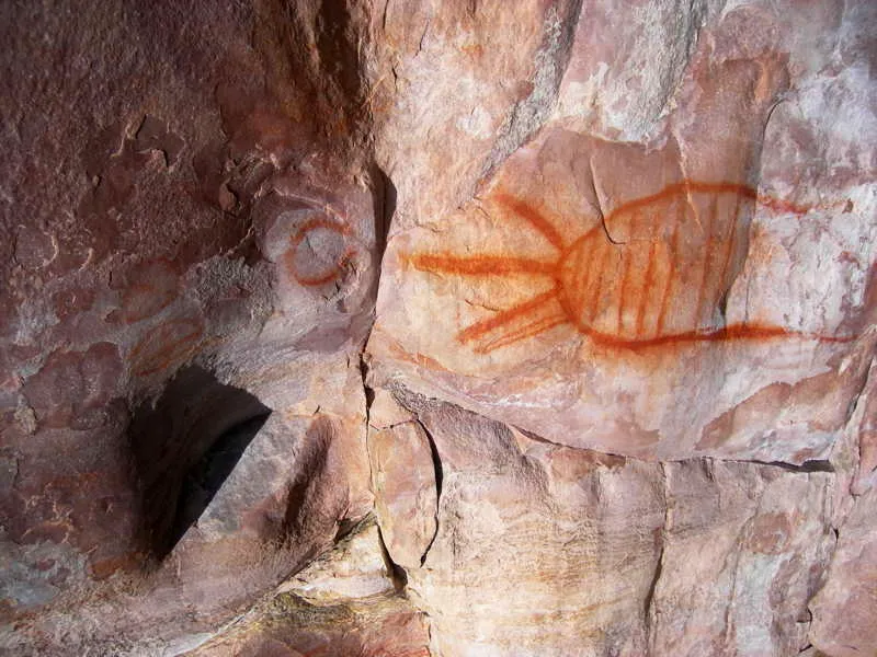 Las pinturas rupestres de la Chapada Diamantina representan una gran cantidad de antropomorfos, figuras dibujadas en varios colores, donde claramente predominan los colores rojo sangre y otros tonos ms claros, como el de esta imagen, que se asemeja mucho a una representacin geomtrica de un traje ceremonial. 