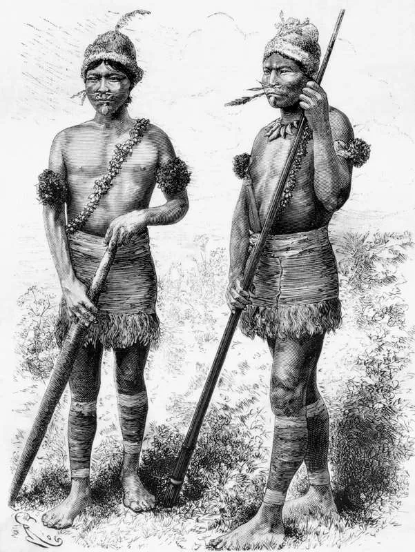 Grabados y dibujos antiguos realizados por exploradores amaznicos, donde se ilustran miembros de comunidades indgenas carijona y umaa. Ilustracin de indios carijona de Jules Crvaux, 1883. 