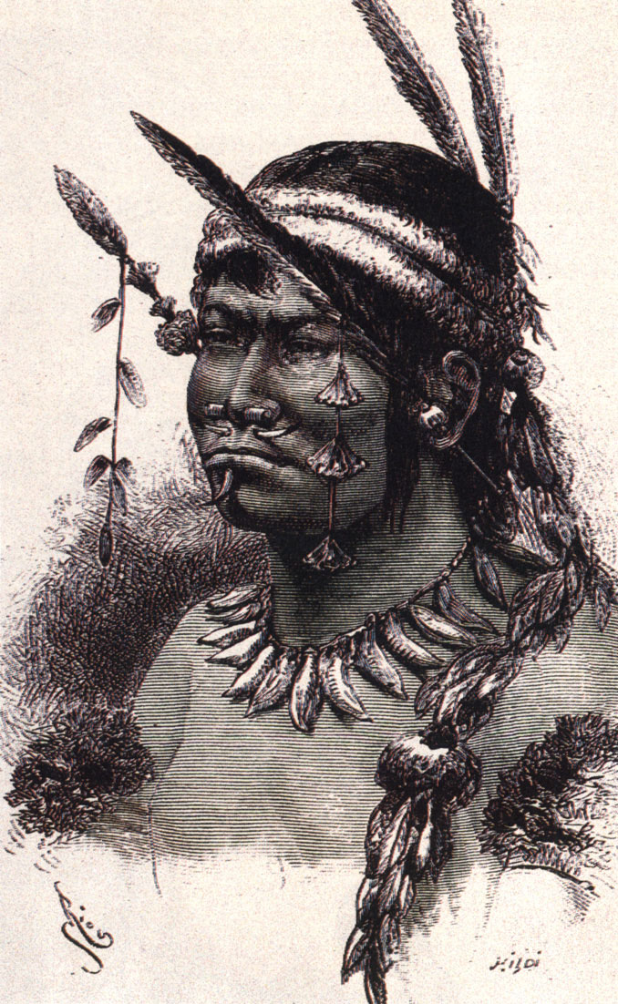 Indígenas coreguaje y cardona con sus adornos tradicionales, tal como fueron encontrados por Crévaux durante su exploración de las áreas de los ríos Ica (Putumayo) y Japurá (Caquetá).
